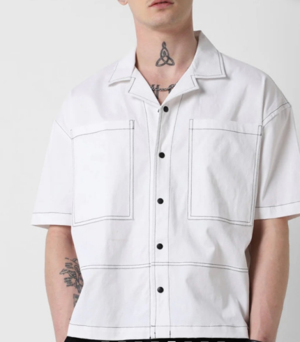 White Oversized Stitch Detail Shirt