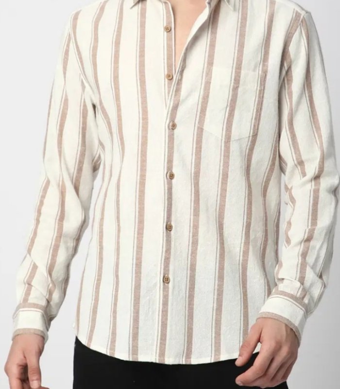 Off-White and Brown Striped Casual Shirt
